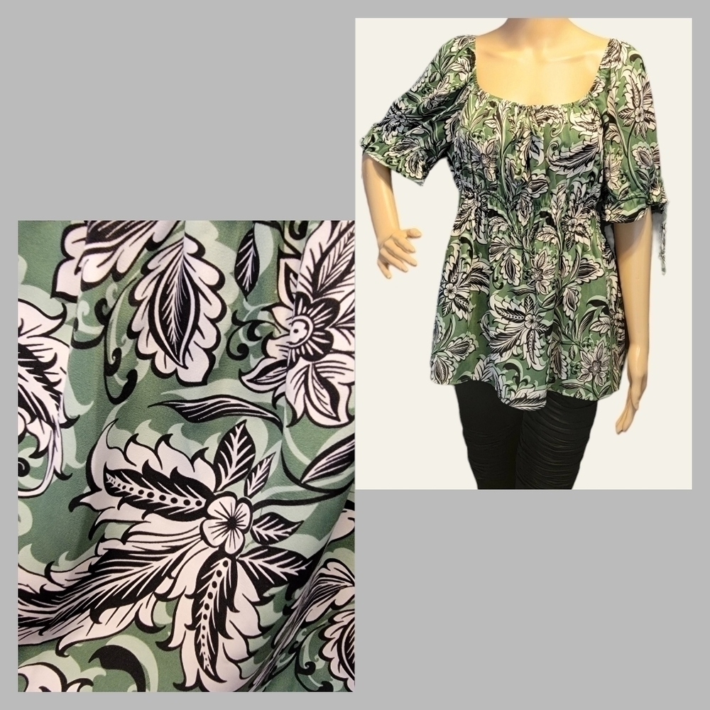 Susan Betro peasant Blouse Large Flower Print Green T31